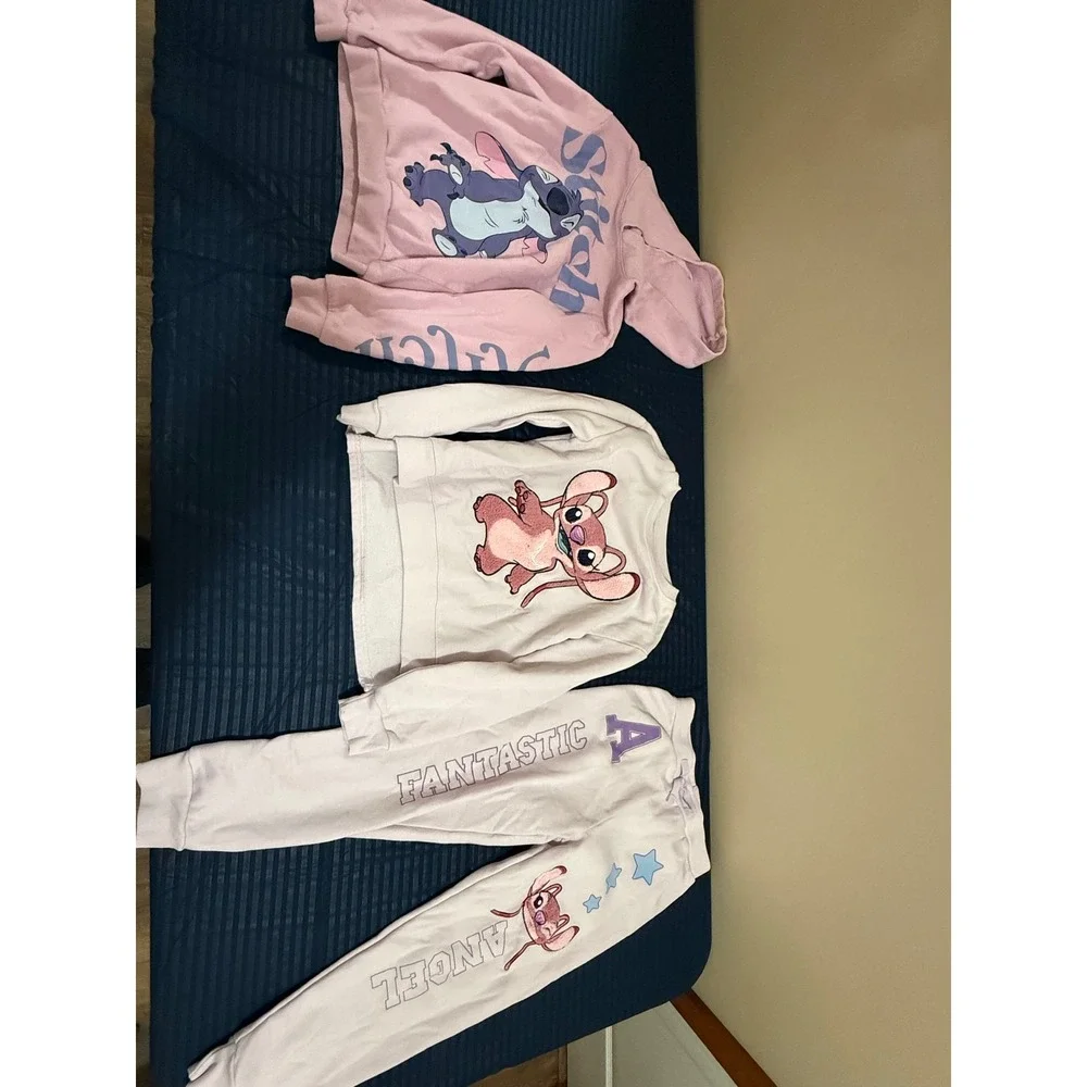 Disney Stitch & Angel 3pc Girls Lounge Set Pink Hoodie Sweatshirt Joggers 7/8 S